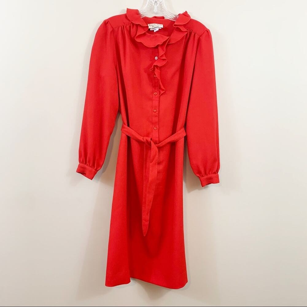 Vintage Red Ruffle Neck Tie-Waist A-Line Dress